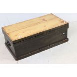 19th century Part Stained Pine Blanket Box with iron carrying handles, 86cm long x 32cm high