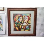 Studio framed Modernist oil painting portrait of masquerade figures, signed with monogram