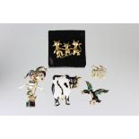 Five Brooches including enamelled being Cow, Duck, Frog, Joker and Three Cats