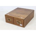 Mid century Oak Table Top Two Drawer Filing Cabinet with brass handles, 37.5cm wide x 44cm deep x