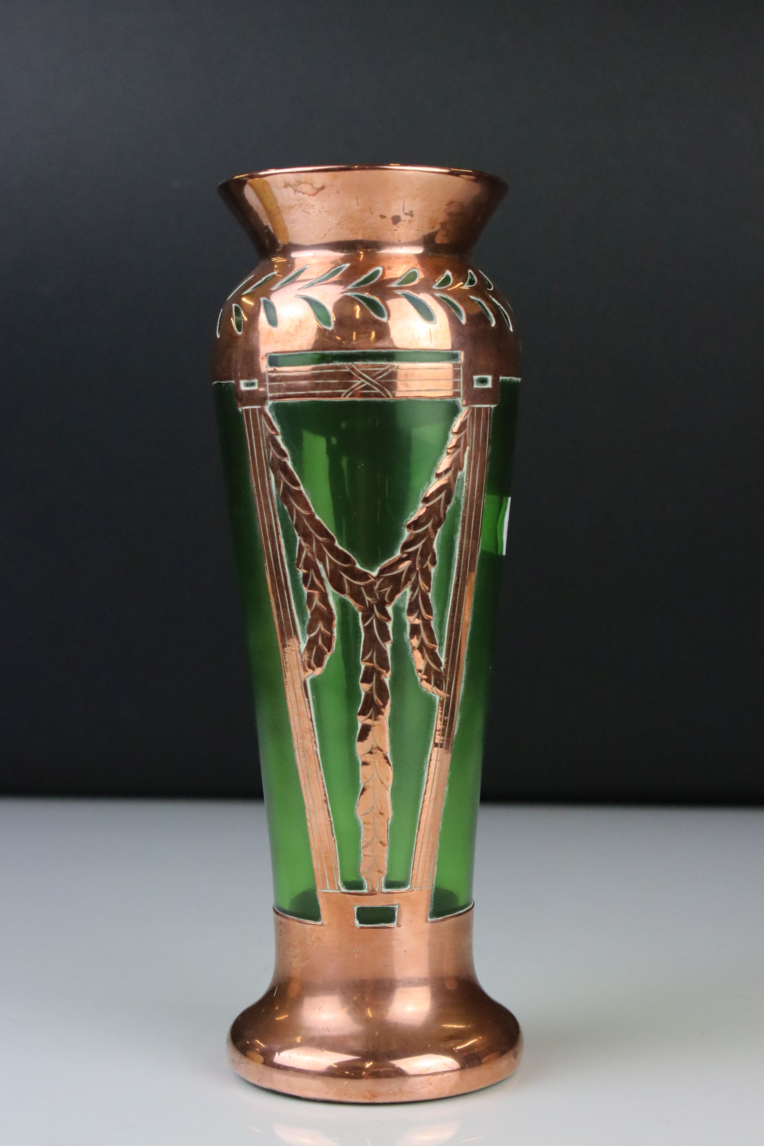 Late 19th / Early 20th century Austrian style Secessionist Green Glass Vase with Copper overlay,