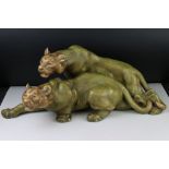 In the manner of Royal Dux , pair of 1930's Ceramic Lionesses, 54cm long