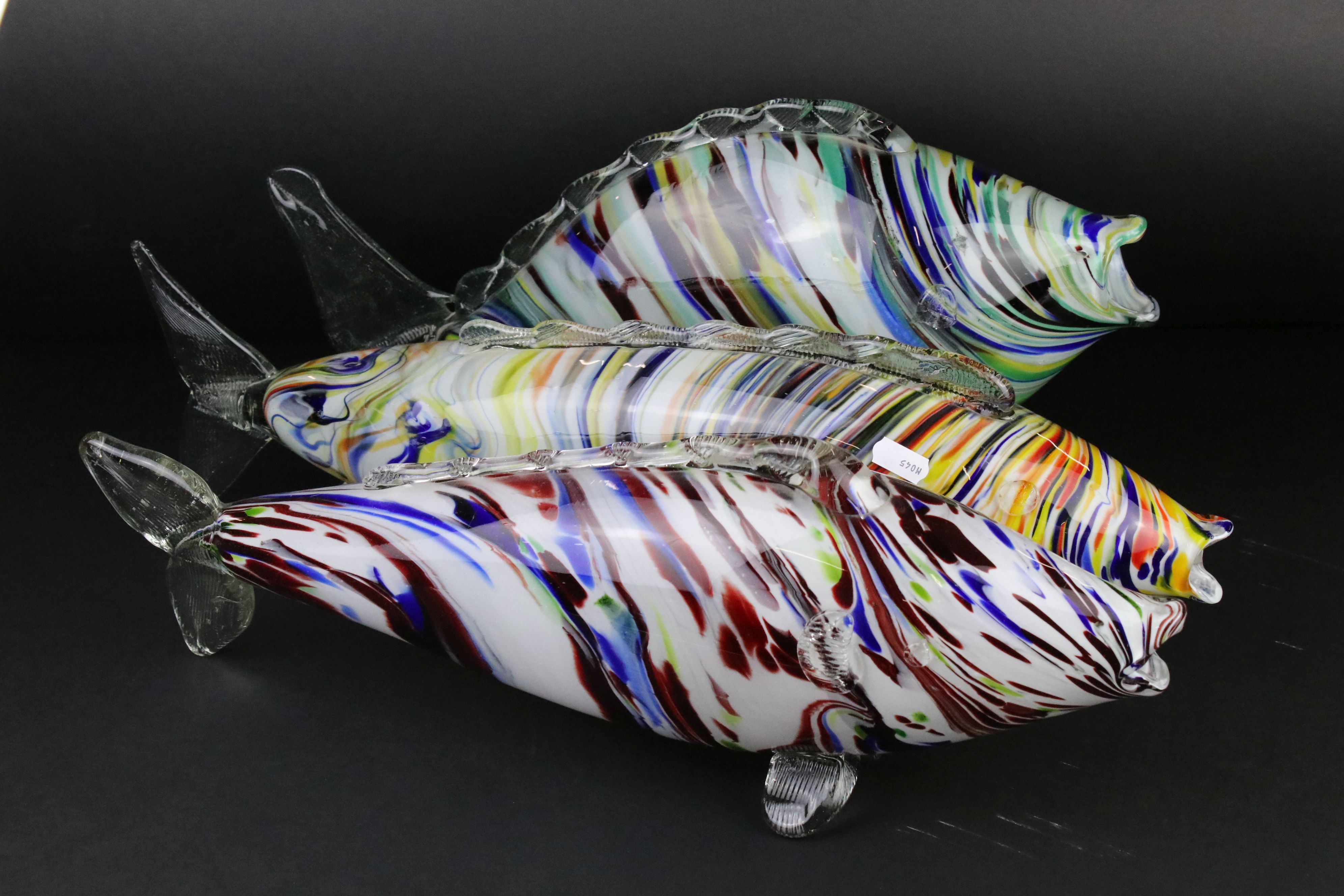 Two Large Murano Glass Fish, longest 54cm and a Murano Glass Fish Vase 43cm high