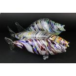 Two Large Murano Glass Fish, longest 54cm and a Murano Glass Fish Vase 43cm high