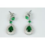 Pair of silver, CZ & pear shaped faux emerald drop earrings