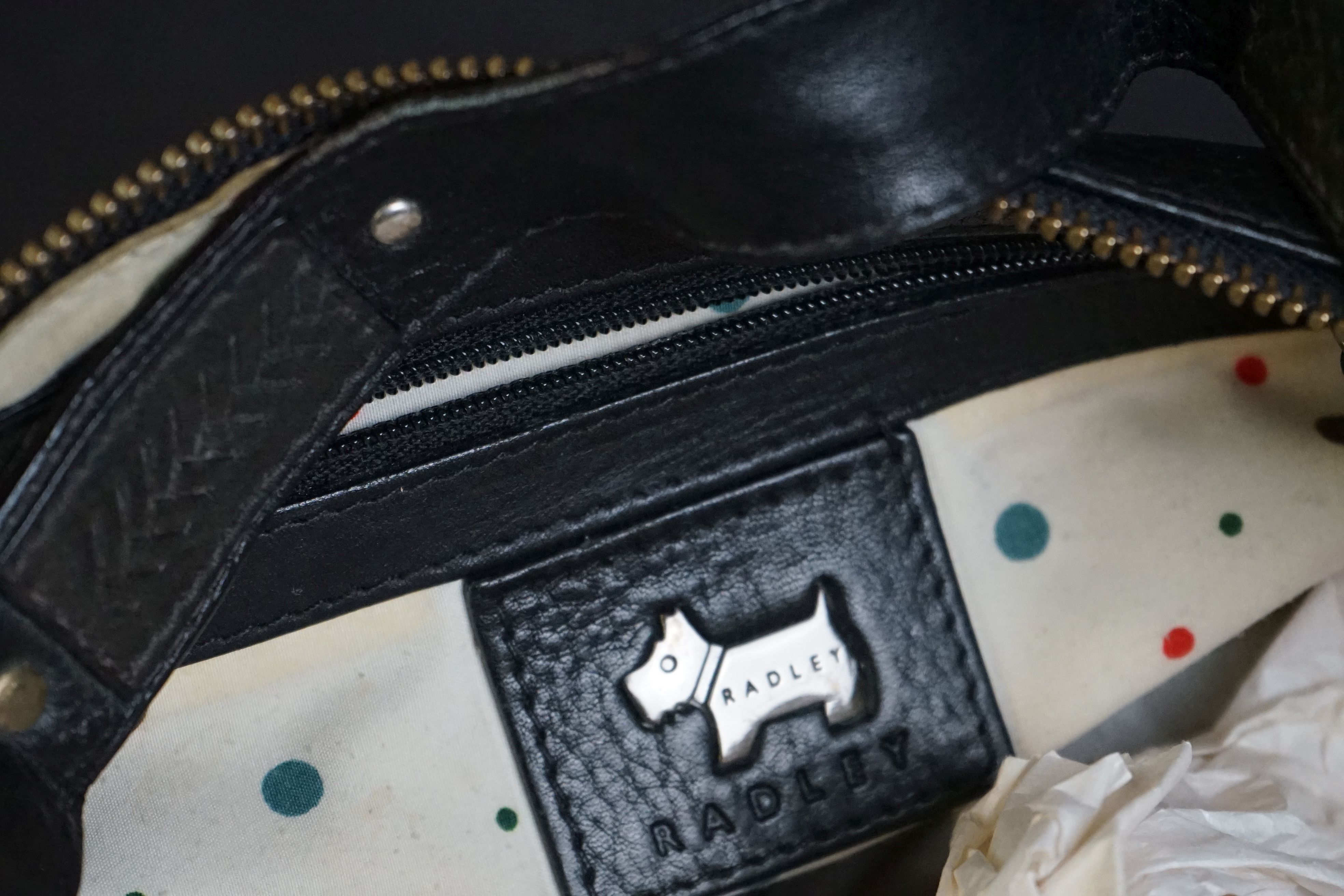 A black Radley handbag with fringed detail, grey Radley dog and pink dust bag. - Image 5 of 5