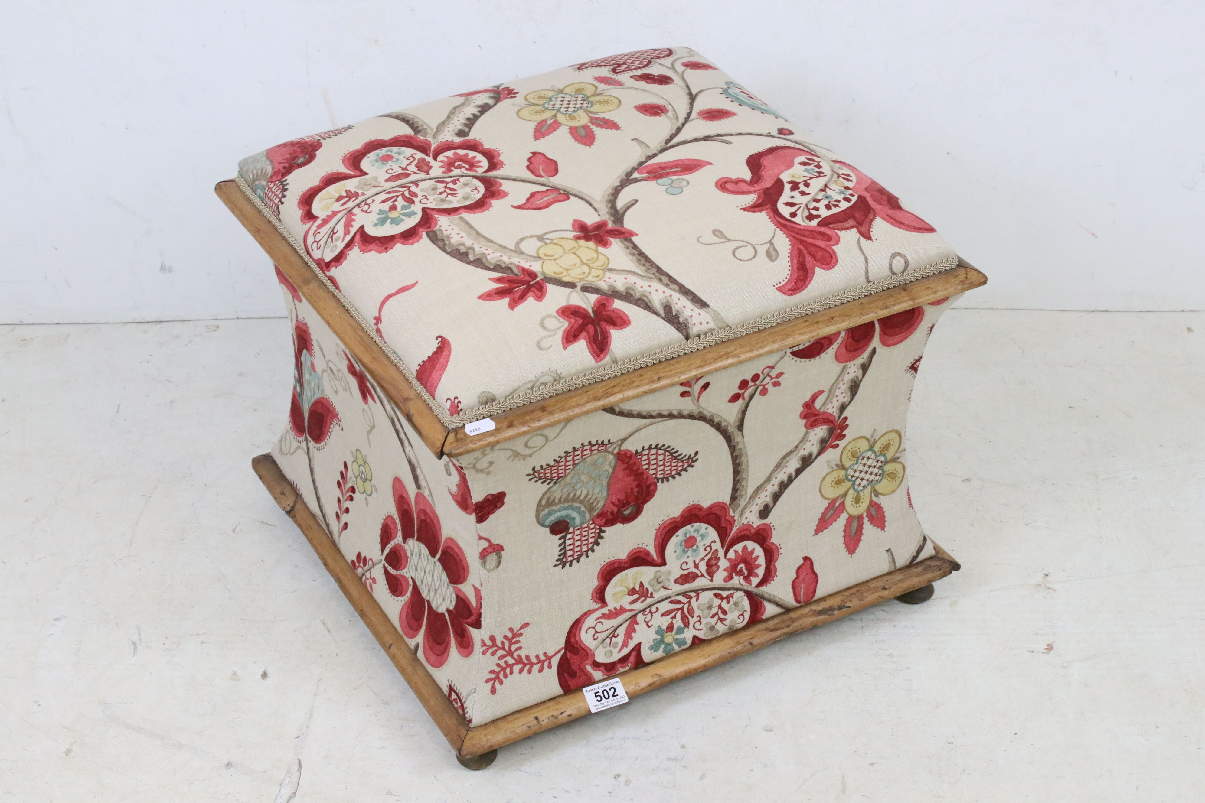 19th century Square Ottoman Box Stool, recently upholstered in Colefax & Fowler style fabric, 55cm