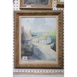 Vintage oil painting, on canvas board, of cottages, possibly Irish