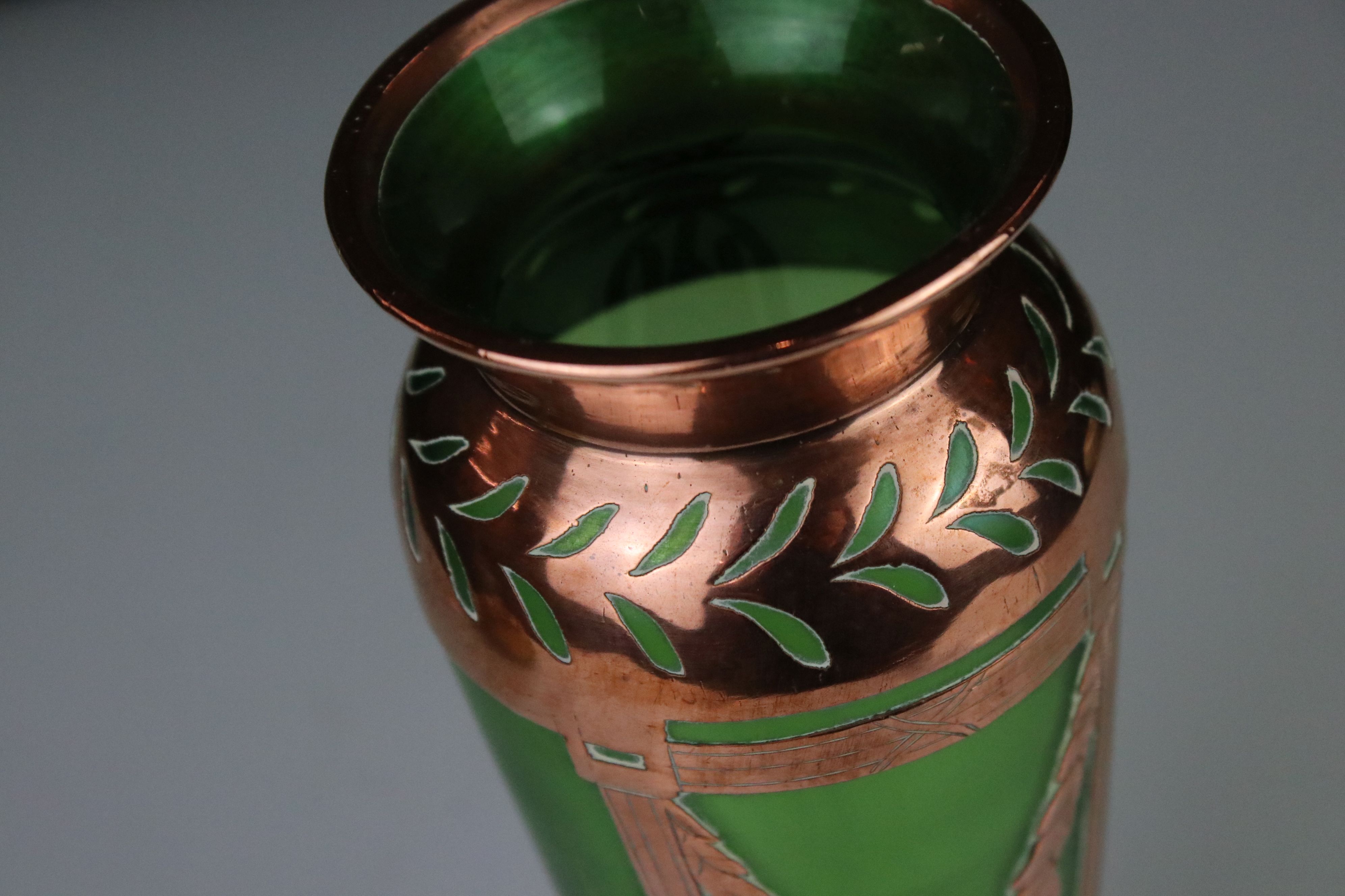 Late 19th / Early 20th century Austrian style Secessionist Green Glass Vase with Copper overlay, - Image 2 of 4