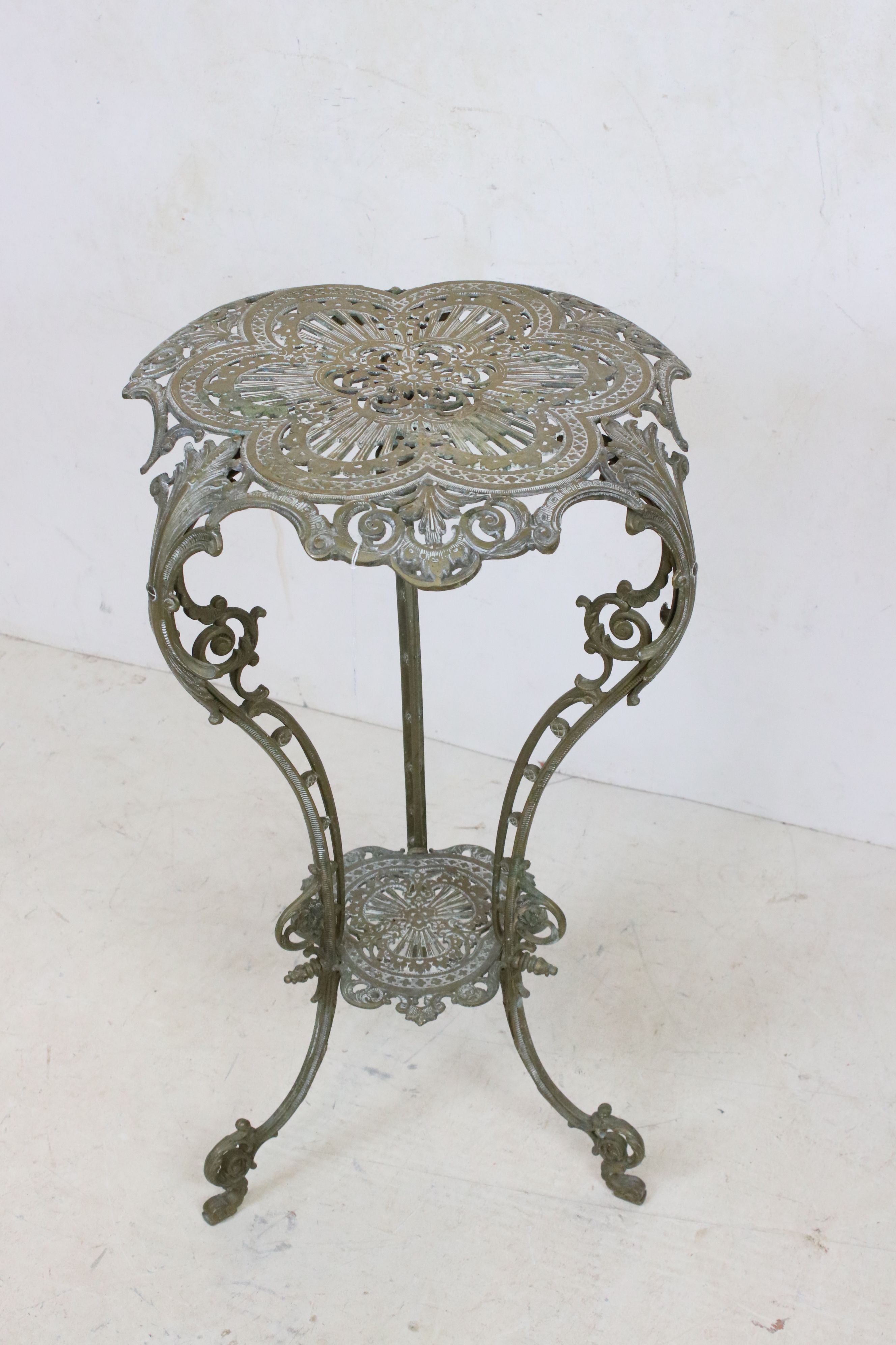 Ornate Brass Two Tier Jardinière / Plant Stand raised on three scrolling legs, 41cm wide x 76cm high