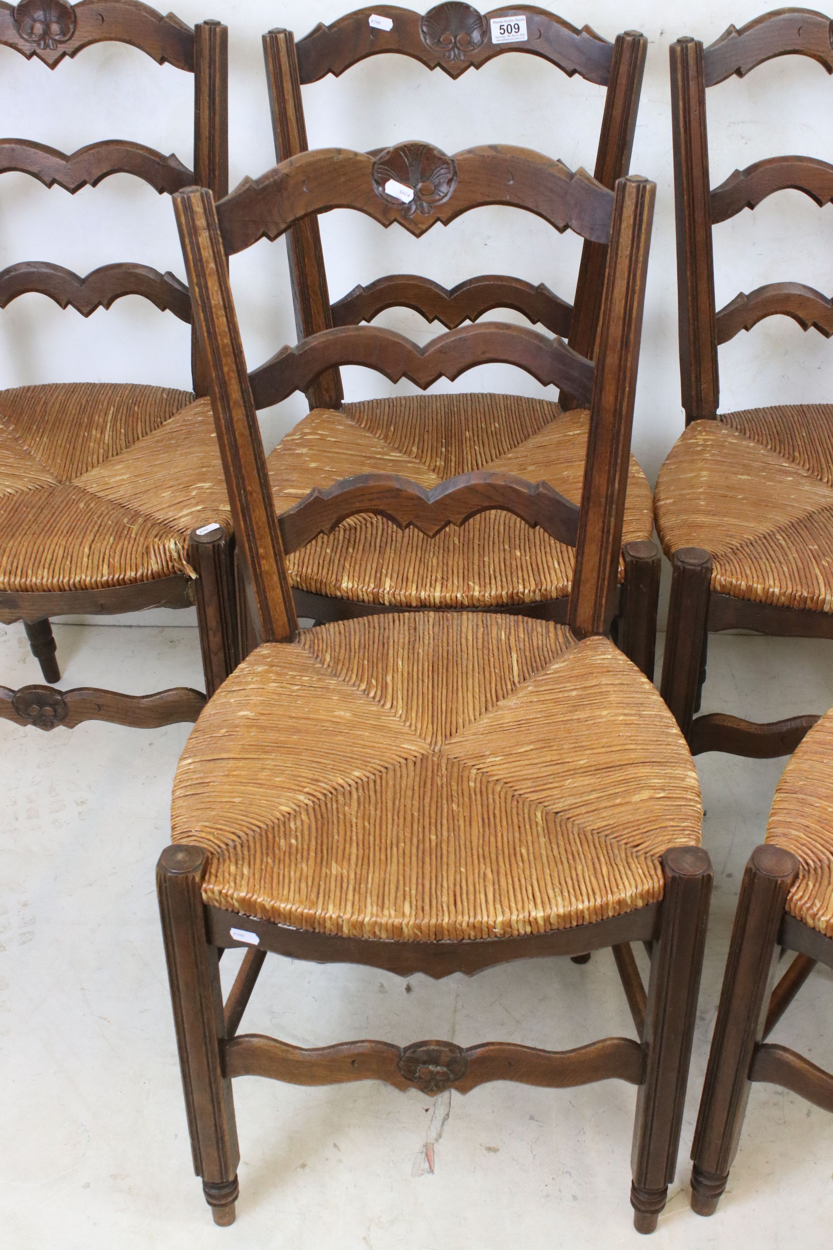 Set of Six French Oak Ladder Back Dining Chairs with rush seats, 90cm high - Image 4 of 6