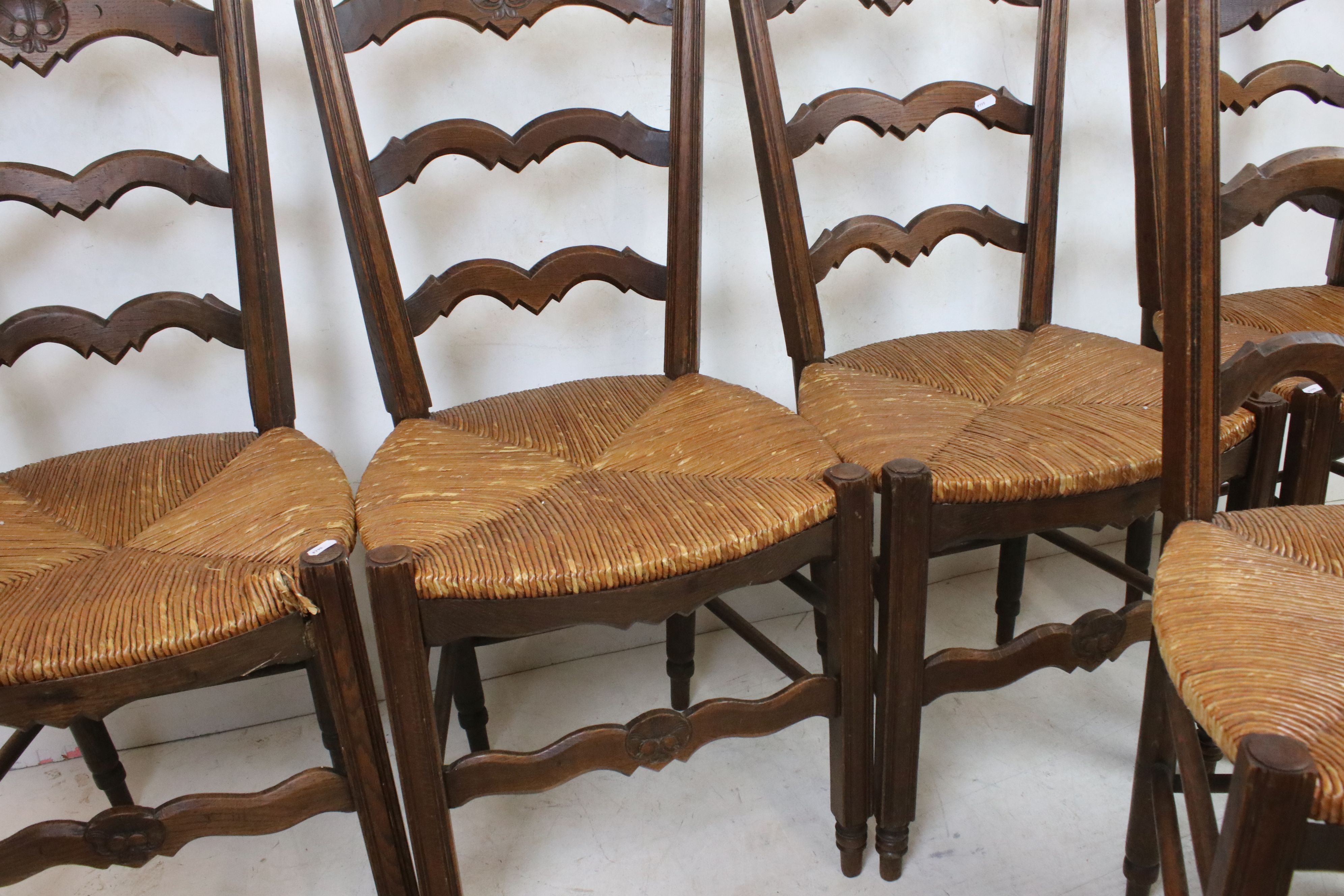 Set of Six French Oak Ladder Back Dining Chairs with rush seats, 90cm high - Image 6 of 6