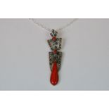 Silver, marcasite and red jasper Art Deco style pendant necklace