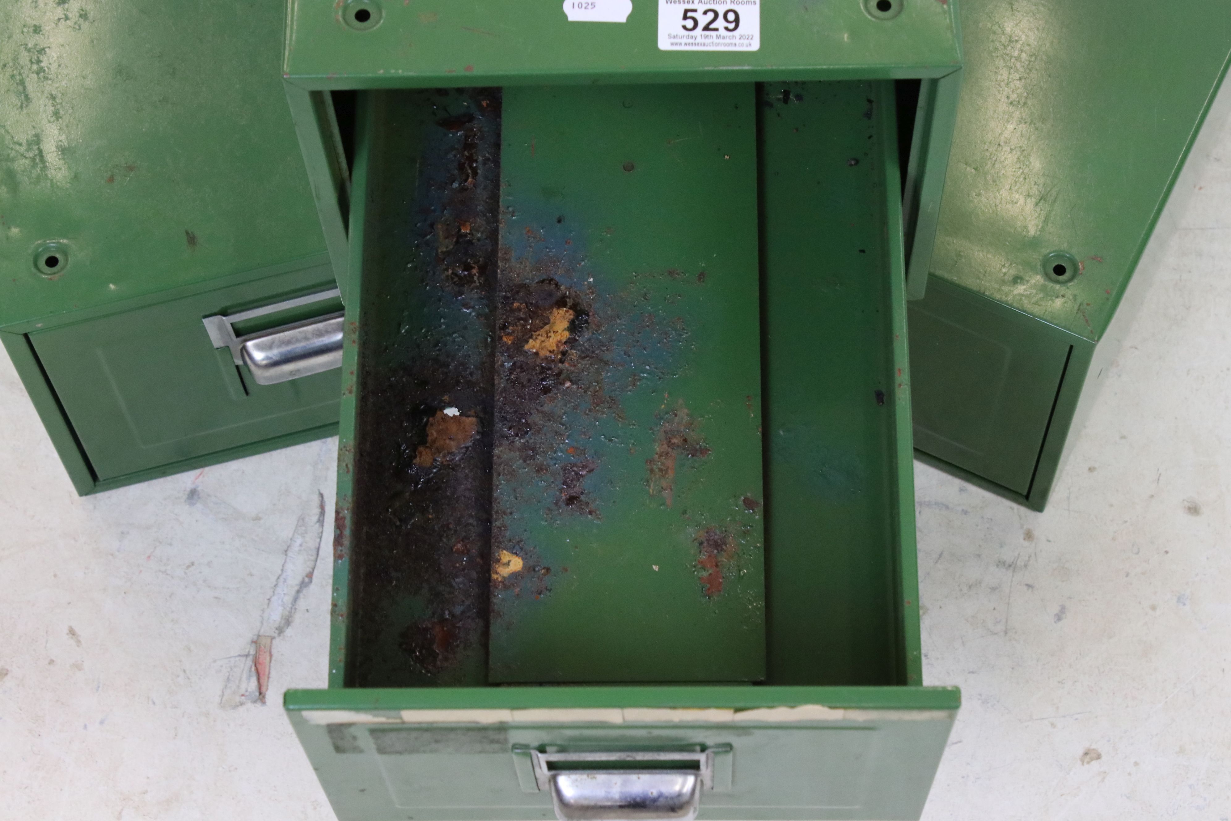 Three Green Metal Industrial Filing Cabinets, each 26cm wide x 41cm deep x 19cm high - Image 3 of 4