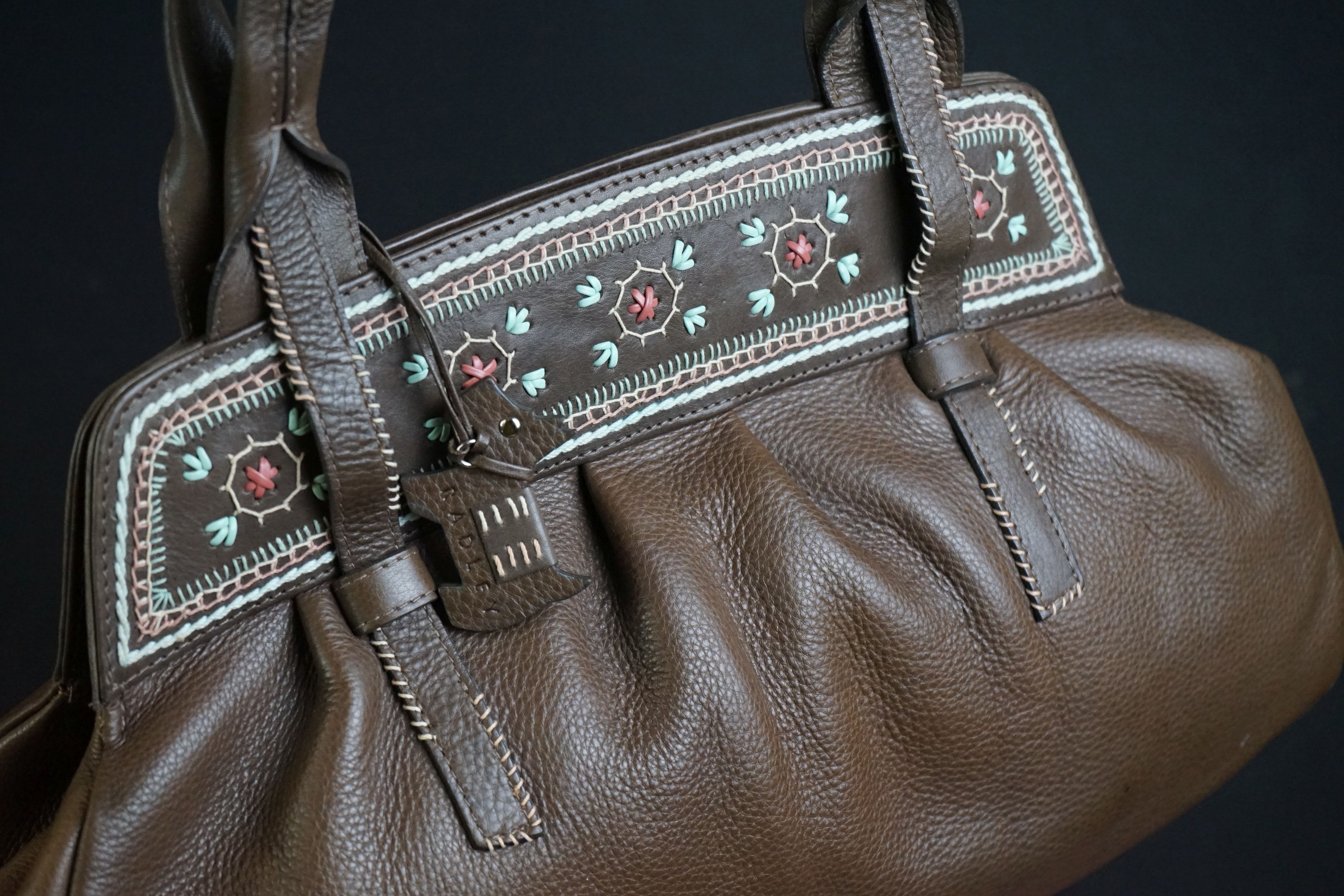 A brown Radley handbag with colourful detailing, brown Radley dog and pink dust bag. - Image 4 of 7