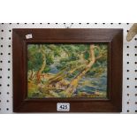 Vintage oil painting on board of a lake scene, signed