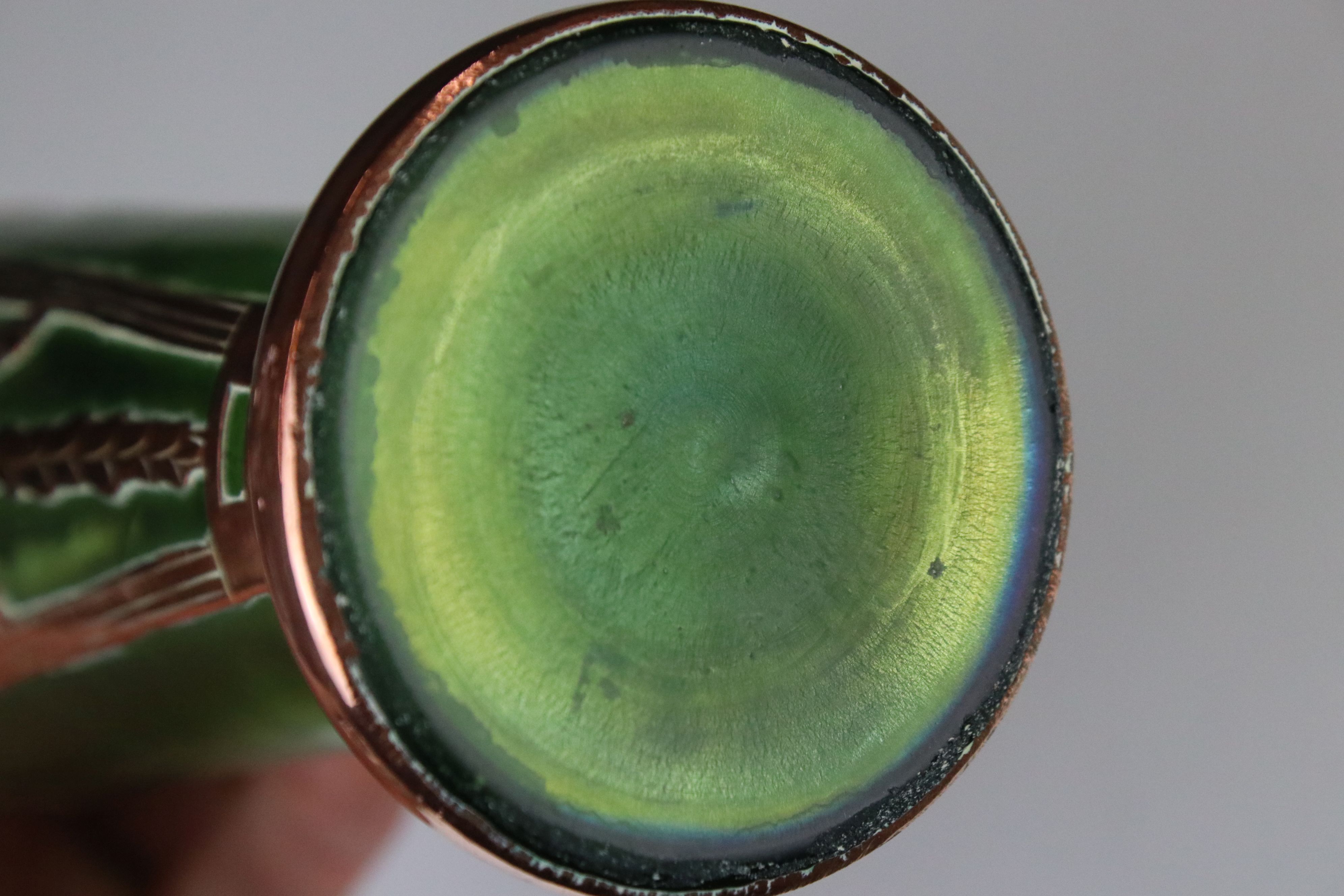 Late 19th / Early 20th century Austrian style Secessionist Green Glass Vase with Copper overlay, - Image 3 of 4