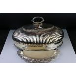 Large Silver Plated Cloche 48cm long together with Silver Plated Serving Tray with foliate scrolling