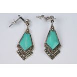Pair of silver Art Deco style drop earrings set with marcasites and turquoise panels