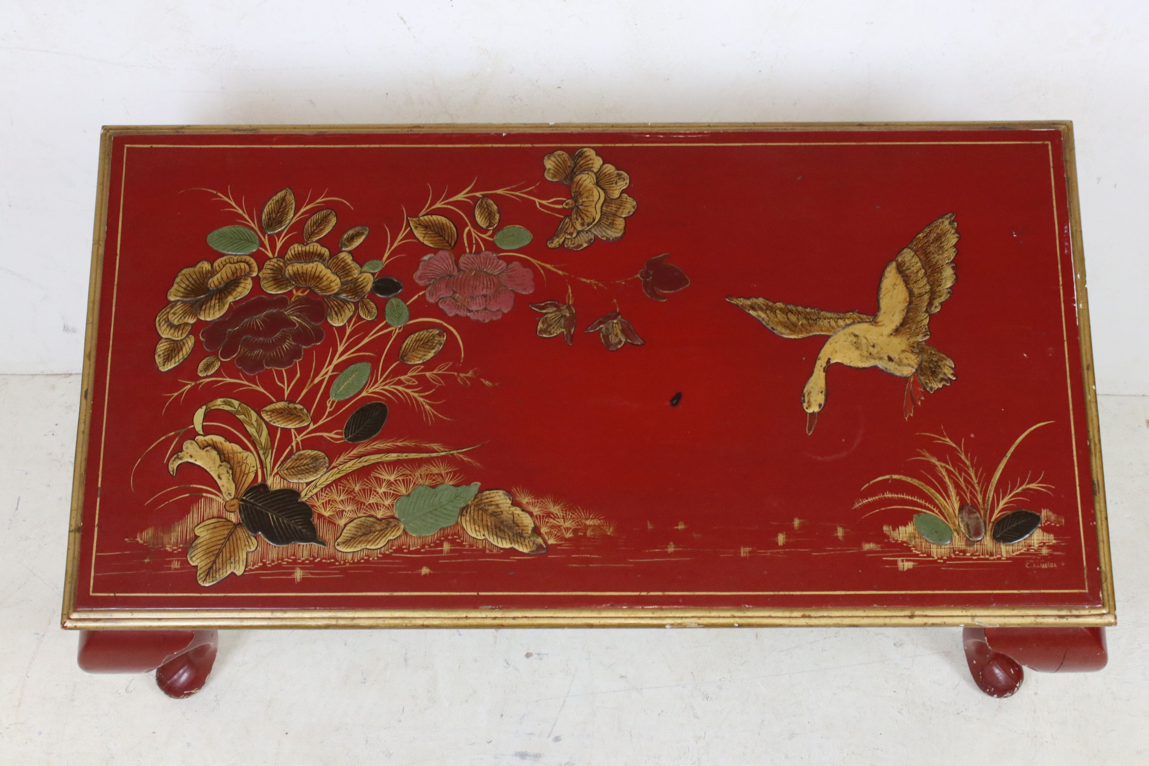Early 20th century Red Lacquered Chinoiserie Coffee Table raised on cabriole legs, 88cm long x - Image 2 of 4