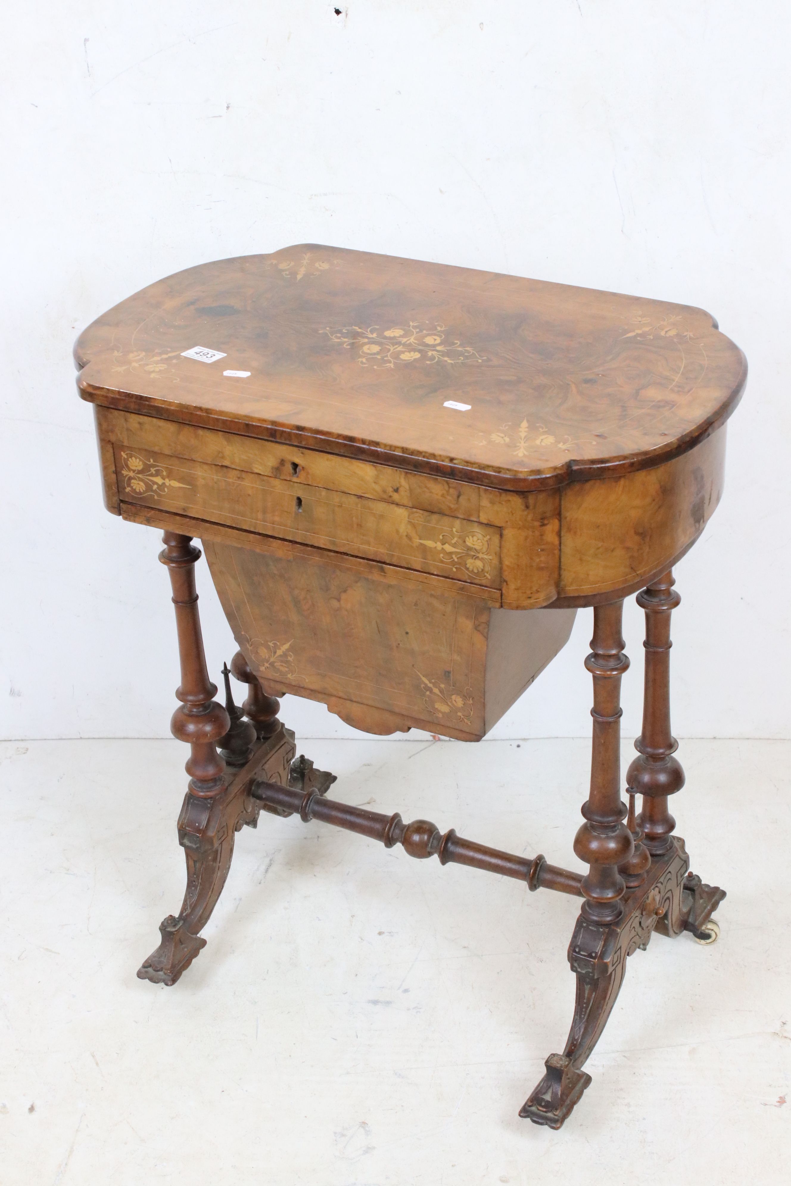 Victorian Figured Walnut Ladies Combination Worktable and Desk, the hinged top with boxwood inlay