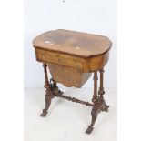 Victorian Figured Walnut Ladies Combination Worktable and Desk, the hinged top with boxwood inlay