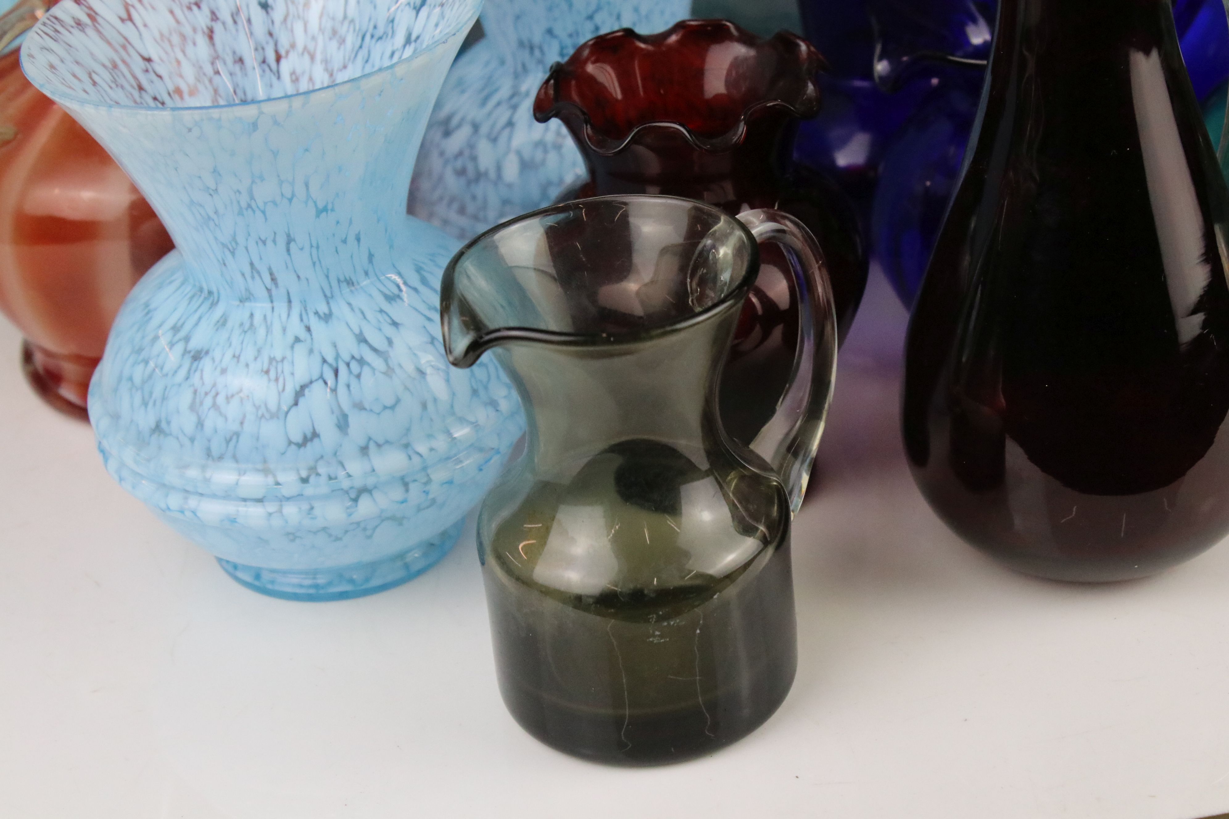 Thirteen items of Coloured Glass including Whitefriars Ruby Red Jug, Mdina Squat Vase, Bristol - Image 2 of 10