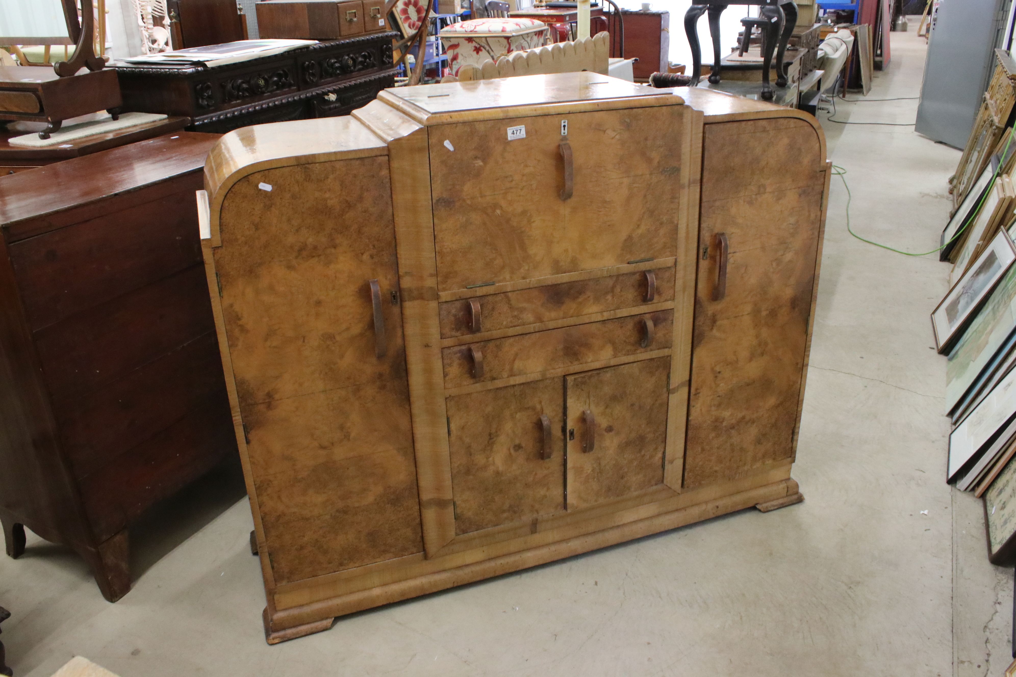 Art Deco Walnut and Burr Walnut Cocktail Cabinet, the raised centre with hinged lid and drop down - Image 2 of 13