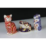 Three Royal Crown Derby Paperweights including Frog, Seated Cat and Chipmunk, tallest 13cm