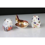 Three Royal Crown Derby Paperweights including Collectors Guide Exclusive Poppy Mouse, another Field