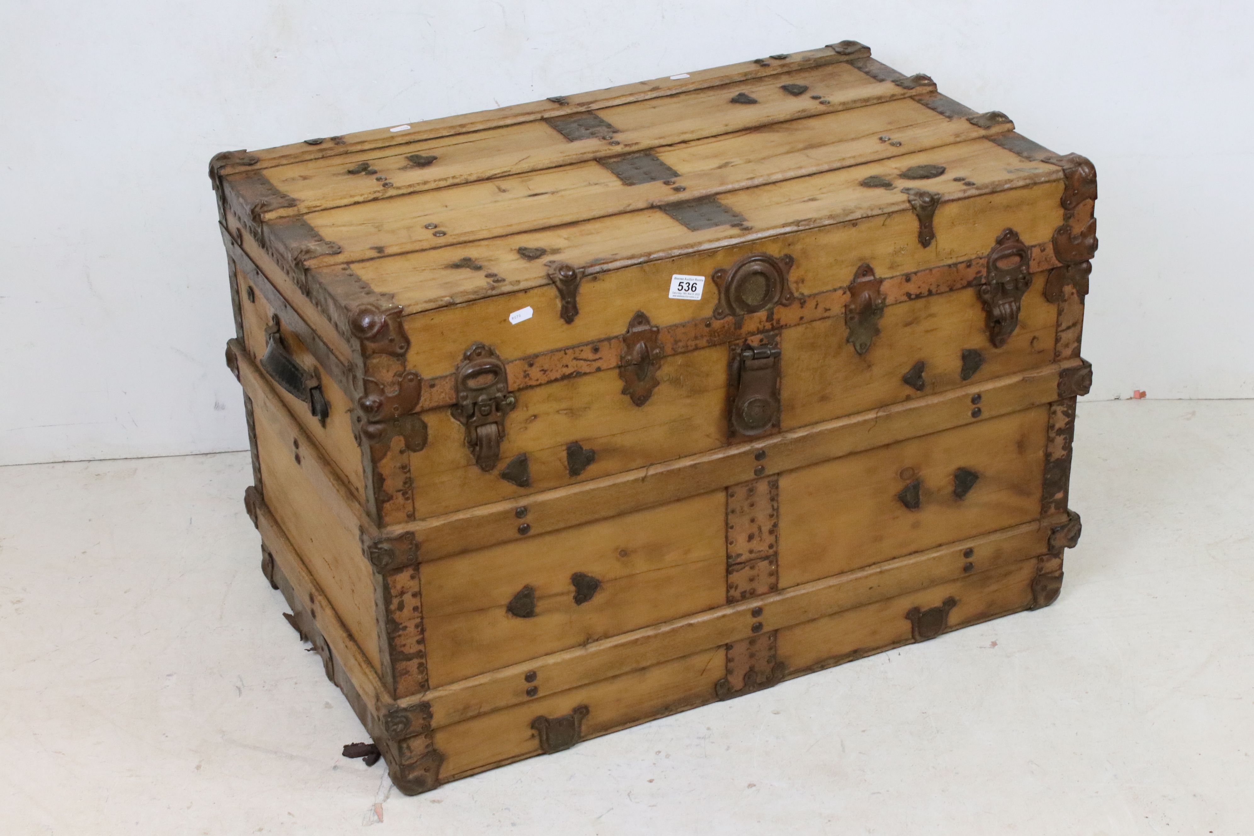 19th century Pine and Studded Travelling Trunk / Box with leather carrying handles, 87cm wide x 58cm