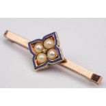 Edwardian pearl, diamond and enamelled 9ct rose gold bar brooch, four pearls in quatre-foil