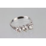Three stone diamond 18ct white gold ring, each diamond weighing approx 0.50 carat, total diamond