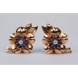 Pair of sapphire and diamond unmarked rose gold flower head earrings, small round brilliant cut