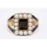 George III pearl and enamelled unmarked rose gold mourning ring, the central rectangular enamelled