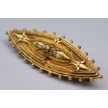 Victorian Etruscan style 15ct yellow gold brooch, the marquise-shaped brooch with granulation and