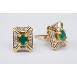 Emerald and diamond 18ct yellow and white gold set stud earrings, rectangular form, the central oval