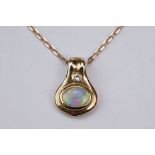 Opal and diamond 9ct yellow gold pendant necklace, the oval precious white opal displaying violet,