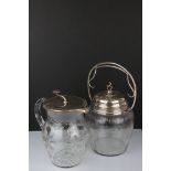 Silver topped and lidded cut glass biscuit barrel, marks indistinct, probably Portuguese; together