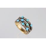 Turquoise and diamond unmarked yellow gold ring, eight small round cabochon cut turquoise stones,