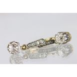 Pair of diamond unmarked yellow gold and platinum set drop earrings, the principal round old