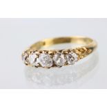 Victorian diamond five stone 18ct yellow gold ring, graduated small round old cut diamonds, the