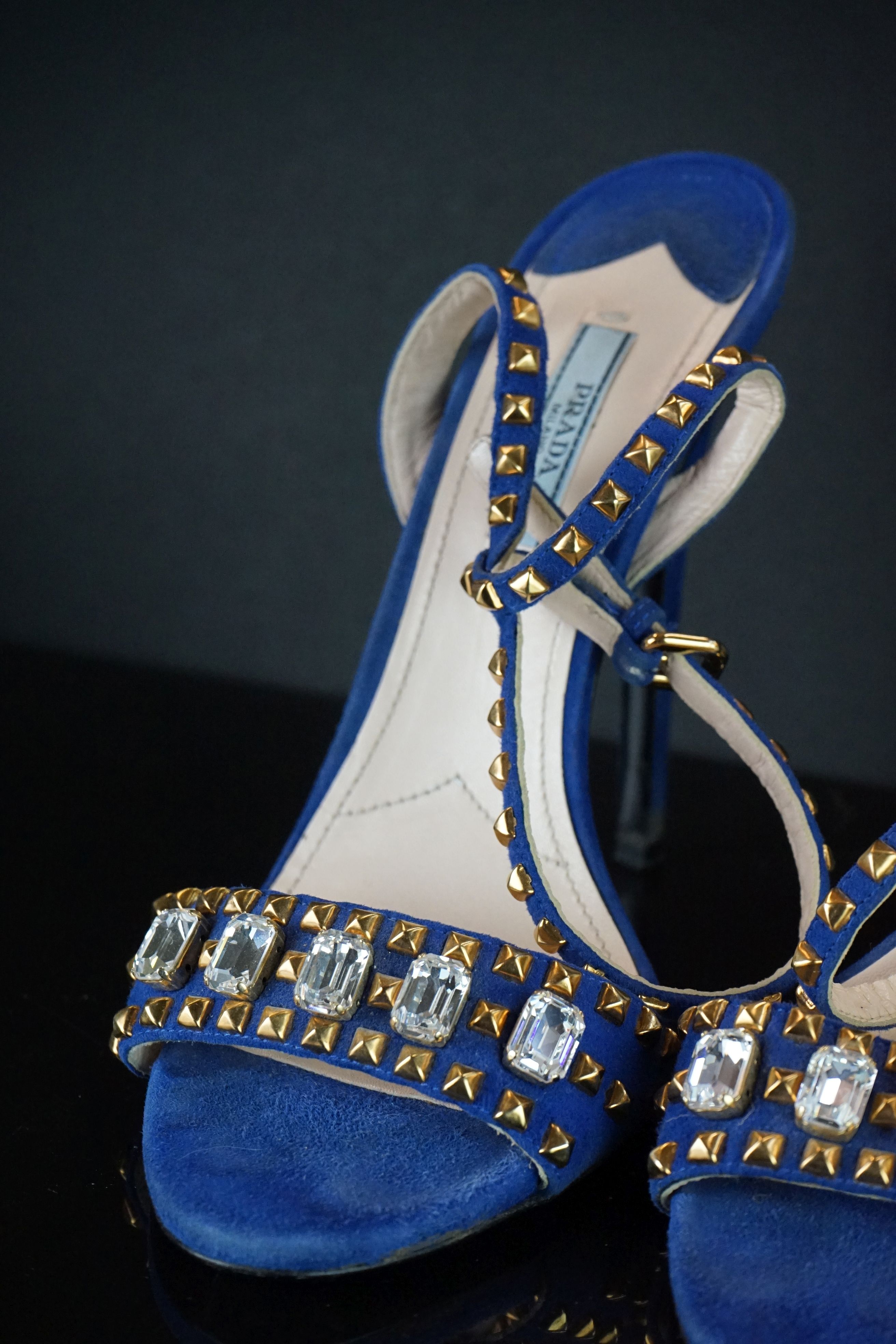 A pair of blue Prada hight heel shoes with gold studs and clear jewels, size 41. - Image 7 of 7