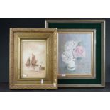 Mary Hackney Oil tilted ' Roses in a Victorian Cup ' initialled 22cm x 27cm framed together with