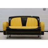 Diner style Miniature Sofa upholstered in yellow and black vinyl, 85cm long x 48cm high