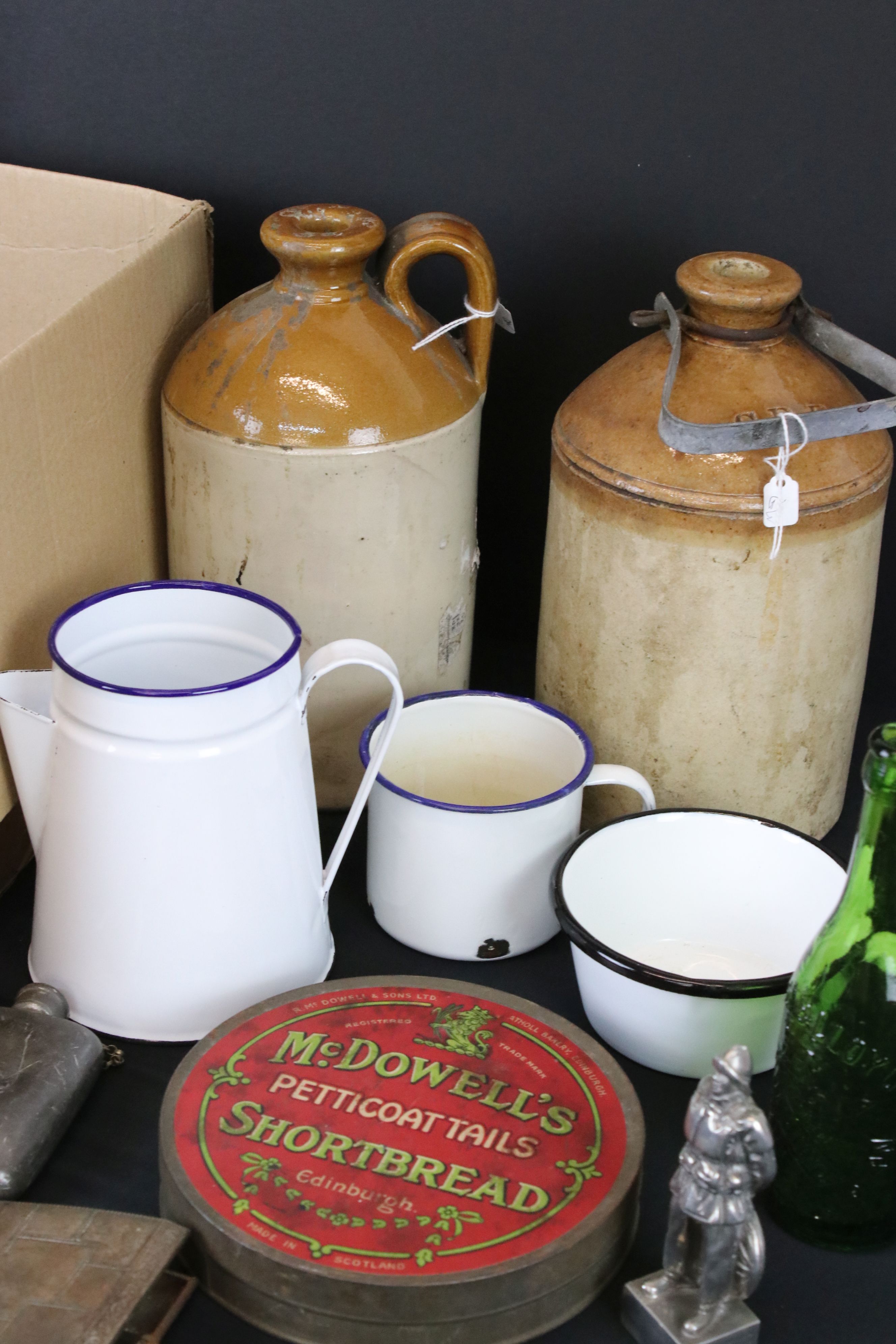 A box of mixed collectables to include stoneware bottles, enamel plates and cups, bottles and - Image 2 of 6