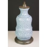 In the manner of Theodore Deck, Islamic style Pale Blue Glazed Ceramic Lamp Base with Pewter mounts,