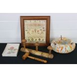 A box of mixed collectables to include a wooden gavel, an Art Deco glass lamp shade and framed