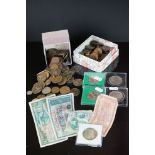 A collection of mainly pre decimal British coins together with commemorative crowns and banknotes.