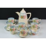 Clarice Cliff Coffee Set comprising Coffee Pot, Cream, Sugar and Six Coffee Cups and Saucers, all